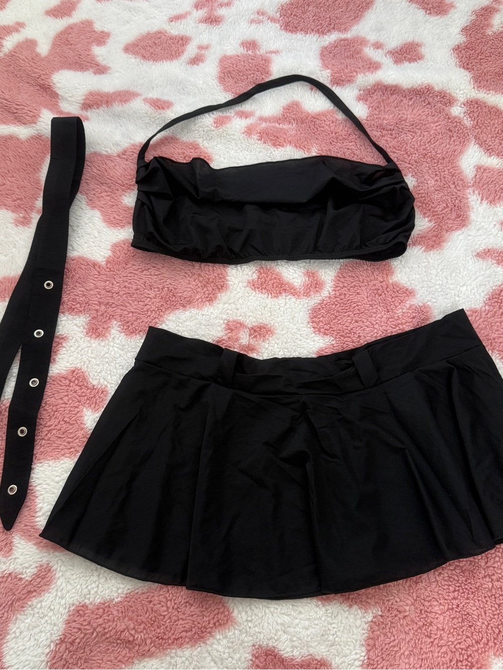 🖤🔥 Y2K Micro Mini Skirt Set - Black Ruched Halter + Belt Small